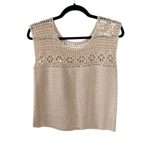 HAND KNIT Cotton Crochet Knit Sleeveless Sweater Tank Top Tan XS
